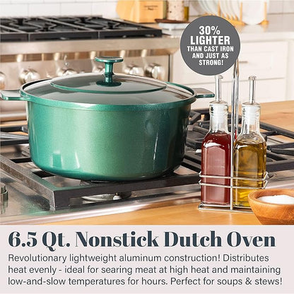 Granitestone Dutch Oven, 6.5 Quart Ultra Nonstick Enameled Lightweight Aluminum Dutch Oven Pot with Lid, Round 6.5 Qt. Stock Pot, Dishwasher & Oven Safe Induction Capable 100% PFOA Free, Emerald Green - Image 2