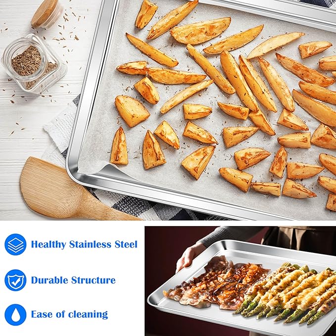E-far Large Baking Sheets, 20”x14” Stainless Steel Cookie Sheet Pans for Oven, Non Toxic Big Metal Baking Trays for Cake Cookies, Healthy & Rust Free, Mirror Finish & Dishwasher Safe, 2 Pack - Image 4