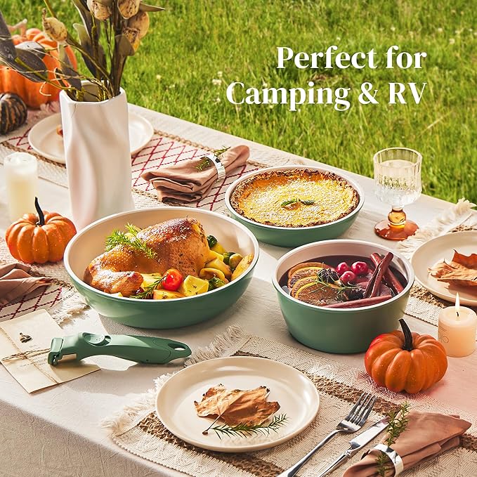 Redchef Ceramic Cookware Set, Removable Handle Pots and Pans Non-Stick, Rv Cookware Set, Non-Toxic Pots and Pans Set No PFAS, PTFE, PFOA, Detachable Pots and Pans, Dishwasher & Oven Safe (Green) - Image 3