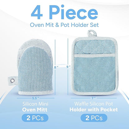 Casa Platino BBQ Gloves & Potholders Set, 4Pc Kitchen Mitts for Oven & Baking, Holder for Hot Pots & Dishes – Heat Resistant Up to 500°F, Non-Slip & Machine Washable – Cornflower