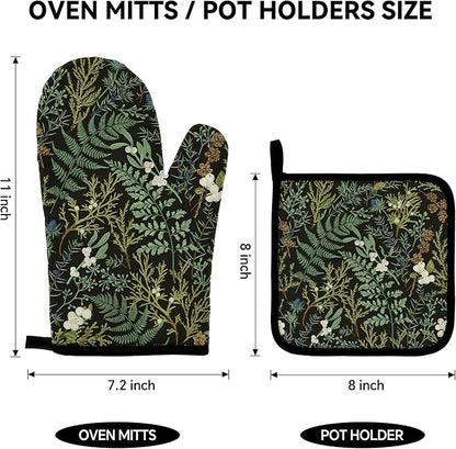 Botanical Print Floral Oven Mitts and Pot Holders Sets Black Sage Green Leaves Kitchen Oven Gloves Hot Pads Farmhouse Potholders and Kitchen Mitts 4Pcs for Baking Cooking BBQ (Black)