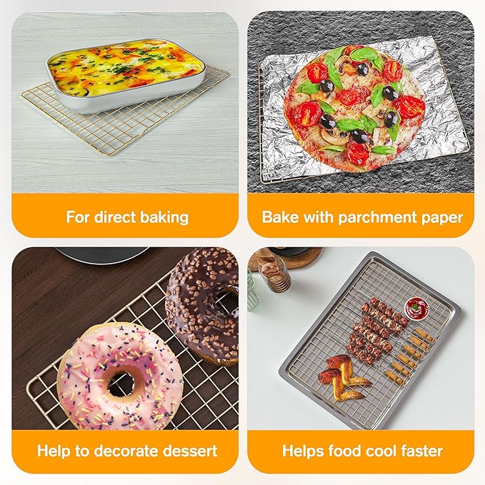 2-Pack Cooling Racks for Cooking and Baking - 10" x 15"Heavy Duty Stainless Steel Wire Rack for Baking, Grilling, Roasting - Oven & Dishwasher Safe - Fits Jelly Roll Sheet Pan（Gold） - Image 4