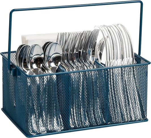 Mind Reader Multi-purpose Storage Caddy with Handle, Desktop Organizer, Cutlery Holder, 4 Compartments, Metal Mesh, Turquoise by MindReader