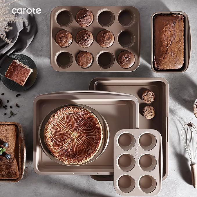 CAROTE 7-Piece Nonstick Stackable Baking Pans Set - Bakeware Sets Including Cookie Sheets for Baking, Muffin Pan, Bread Pan, Cake pan, Loaf Pan, Roasting Pan, Gray & Khaki - Image 7
