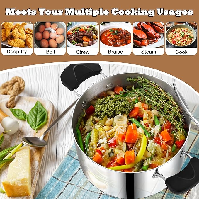8 Quart 3-Ply Cooking Stock Pot with Lid, P&P CHEF Stainless Steel Large Pot for Pasta Soup, Work on Multi Stove, Heavy Duty & Dishwasher Safe, Dual Heat-resistant Handles & Transparent Glass Lid - Image 5