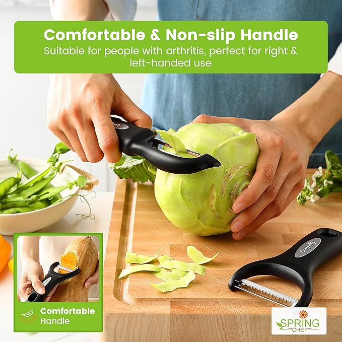 Spring Chef Swivel & Vegetable Julienne Peeler Set for Kitchen with Stainless Steel Sharp Blades - Potato Peelers with Soft Grip Handles & Blade Covers - Perfect for Carrot, Zucchini, Cucumber - Black - Image 3