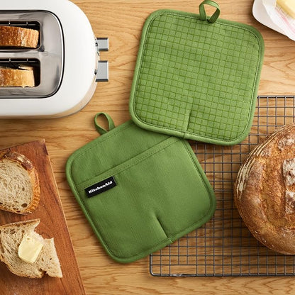 KITCHENAID Gourmet Series Gridlines Pot Holders 2-Pack Set, Heat Resistant up to 600°F, Soft Silicone Grip, Magnetic Cuff, Matcha Green, 8"x8" - Image 2