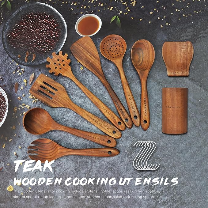 Teak Wooden Spoons for Cooking - 9 Pcs Comfort Grip Kitchen Utensil Set with Holder & Rest - Image 5