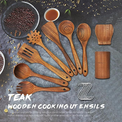 Teak Wooden Spoons for Cooking - 9 Pcs Comfort Grip Kitchen Utensil Set with Holder & Rest - Image 5