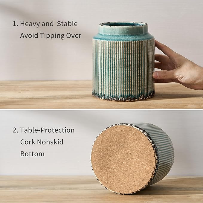 JIEMEI HOME Kitchen Utensil Holder, 6.77" Ceramic Farmhouse Stable Utensil Crock for Countertop, Vintage Style Cooking Tool Organizer with Cork Mat, Spatula Holder For Kitchen Decor, Antique Blue - Image 4
