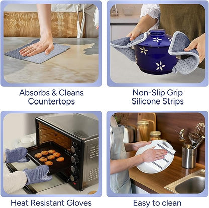 Casa Platino Mini Oven Mitts Set, 8-Piece – 500°F Heat Resistant Silicone Oven Mitt, Potholders for Kitchens, 2 Kitchen Towels & 2 Dish Cloths – Non-Slip & Durable – Indigo