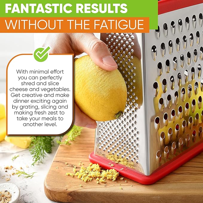 Spring Chef Professional Cheese Grater - Stainless Steel 4 Sided Box Grater for Kitchen, XL Size - Perfect Shredder for Parmesan Cheese, Carrot, Potato, Ginger - Dishwasher Safe - Red - Image 7