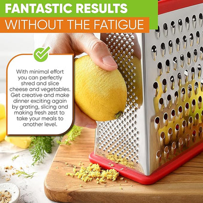 Spring Chef Professional Cheese Grater - Stainless Steel 4 Sided Box Grater for Kitchen, XL Size - Perfect Shredder for Parmesan Cheese, Carrot, Potato, Ginger - Dishwasher Safe - Red - Image 7