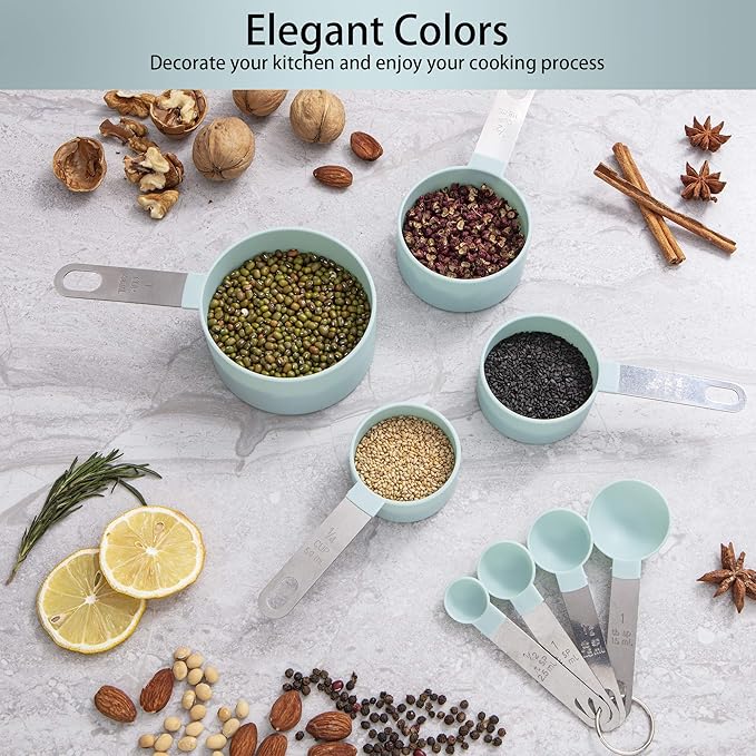 Measuring Cups and Spoons Set of Huygens Kitchen Gadgets 10 Pieces, Stackable Stainless Steel Handle Measuring Cups for Measuring Dry and Liquid Ingredient (Lake blue) - Image 6