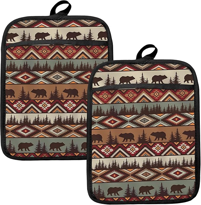 Western Aztec Bear Oven Mitts Set, Camping Camper RV Gifts, Aztec Native Tribal Heat Resistant Kitchen Oven Gloves for Baking and Cooking,Pot Holders by HUGANE