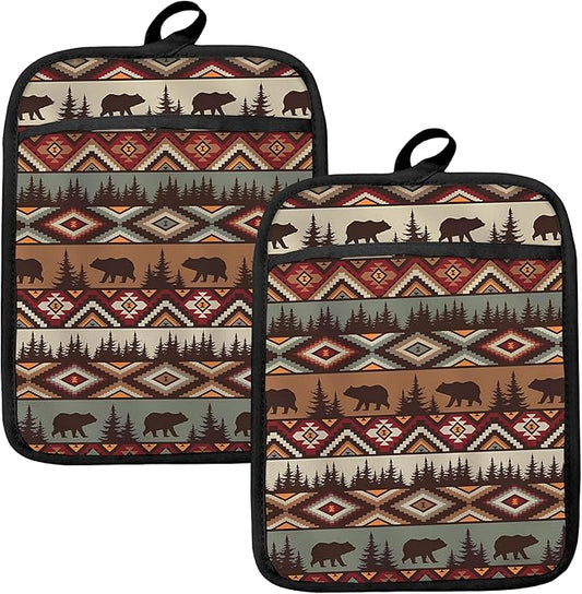 Western Aztec Bear Oven Mitts Set, Camping Camper RV Gifts, Aztec Native Tribal Heat Resistant Kitchen Oven Gloves for Baking and Cooking,Pot Holders by HUGANE
