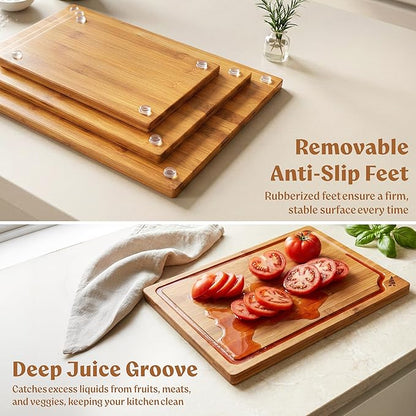 EDELHAUS Carbonized Bamboo Cutting Boards – Cutting Board Set of 3 Heat Treated for Rich Color & Lower Moisture Absorption, Chopping Boards with Juice Groove, Non-Toxic, FSC Certified incl. Stand