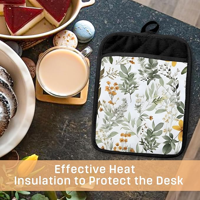 Sage Green Leaf Floral Pot Holders with Pockets, Cottagecore Botanical Flower Oven Pot Holders Heat Resistant Oven Mitts Hot Pads for Kitchen Baking Cooking