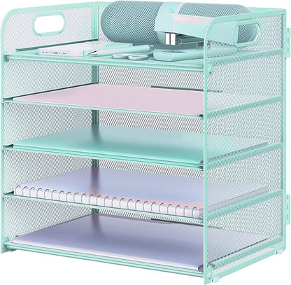 Letter Tray Paper Organizer 5-Tier Desk Organizer File Organizer Paper Holder with Handle, Metal Desktop Document Shelf Tray Office Classroom Organization - Blue