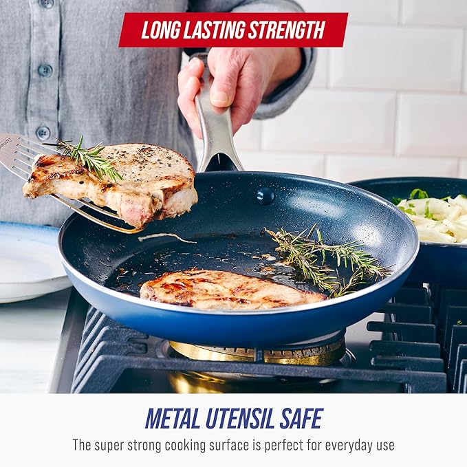 Blue Diamond 10" Nonstick Frying Pan Skillet, Diamond Infused PFAS & PTFE-Free Ceramic Pot, Dishwasher & Oven Safe, Stay Cool Handle, Durable Non Toxic Metal Utensil Safe, Egg & Omelet Pan, Blue - Image 5