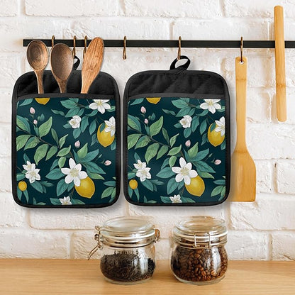 Dark Green Lemon Floral Pot Holders with Pockets, Rustic Botanical Lemon Fruit Oven Pot Holders Heat Resistant Oven Mitts Hot Pads for Kitchen Baking Cooking