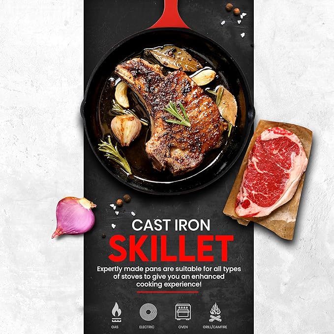 Utopia Kitchen Cast iron Skillets 3 Piece Set,Chefs Pan, Pre Seasoned Cast iron Skillets, 6, 8 & 10 Inches, Easy Use in the Oven, Stove, Grill, or Campfire, Red - Image 5
