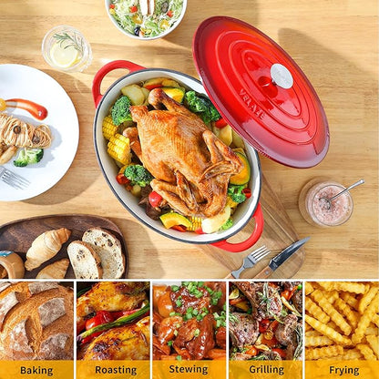 Velaze 7.5 QT Enameled Oval Dutch Oven Pot with Lid, Cast Iron Dutch Oven with Dual Handles for Bread Baking, Cooking, Frying, Non-stick Enamel Coated Cookware (RED) - Image 6