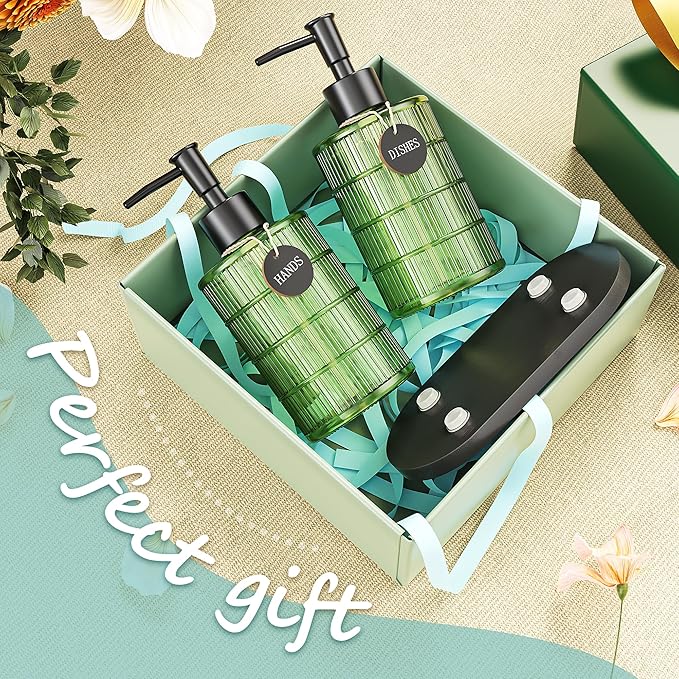 MASADI Soap Dispenser Set with Bamboo Tray, Dish and Hand Soap Lotion Dispenser Set with Wooden Pump for Kitchen and Bathroom Decor for Counter, Modern Vintage Liquid Soap Dispensers (Green&Black) - Image 6