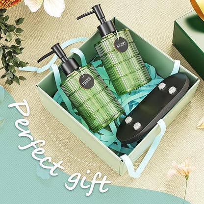 MASADI Soap Dispenser Set with Bamboo Tray, Dish and Hand Soap Lotion Dispenser Set with Wooden Pump for Kitchen and Bathroom Decor for Counter, Modern Vintage Liquid Soap Dispensers (Green&Black) - Image 6