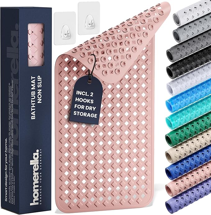 Bathtub Mat Non Slip 35x16 - homerella® Bath Mat Incl. Hooks for Drying, Extra Long, 100% BPA Free, Shower Mat Non Slip Anti Mold, Machine Washable, Shower Mats for Inside Shower Mildew Resistant