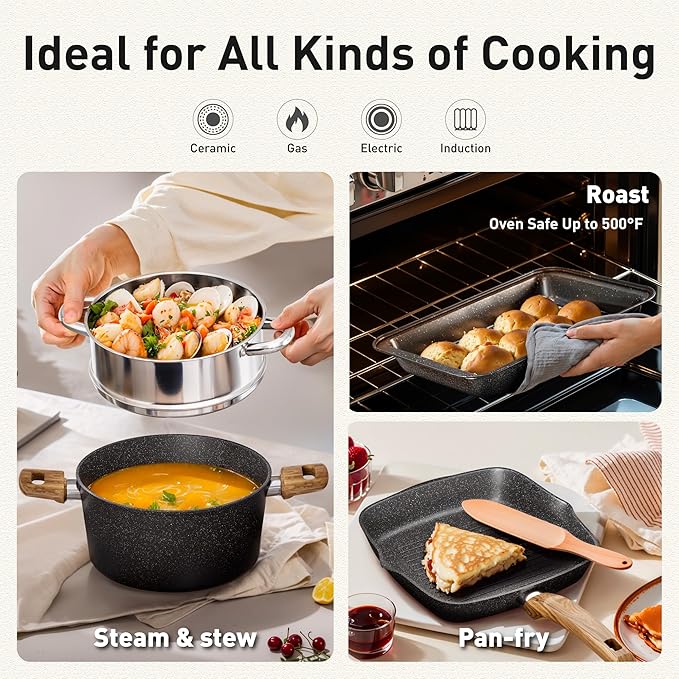 30 Piece Pots and Pans Set Non Stick, Granite Induction Cookware Sets, Nonstick Kitchen Cookware Sets, Non Toxic Cookware Set with Frying Pans and Saucepan, Kitchen Pots and Pans Set, Black - Image 7
