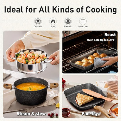 30 Piece Pots and Pans Set Non Stick, Granite Induction Cookware Sets, Nonstick Kitchen Cookware Sets, Non Toxic Cookware Set with Frying Pans and Saucepan, Kitchen Pots and Pans Set, Black - Image 7