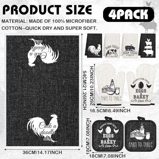 VitalCozy 8 Pcs Farm Animal Theme Kitchen Towels Pot Holders and Oven Mitt Set 4 Farmhouse Dish Towels 2 Rustic Square Potholders 2 Decorative Heat Resistant Glove for Cooking Baking Home Gifting