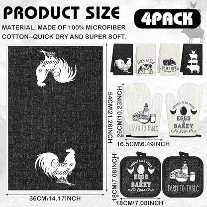 VitalCozy 8 Pcs Farm Animal Theme Kitchen Towels Pot Holders and Oven Mitt Set 4 Farmhouse Dish Towels 2 Rustic Square Potholders 2 Decorative Heat Resistant Glove for Cooking Baking Home Gifting