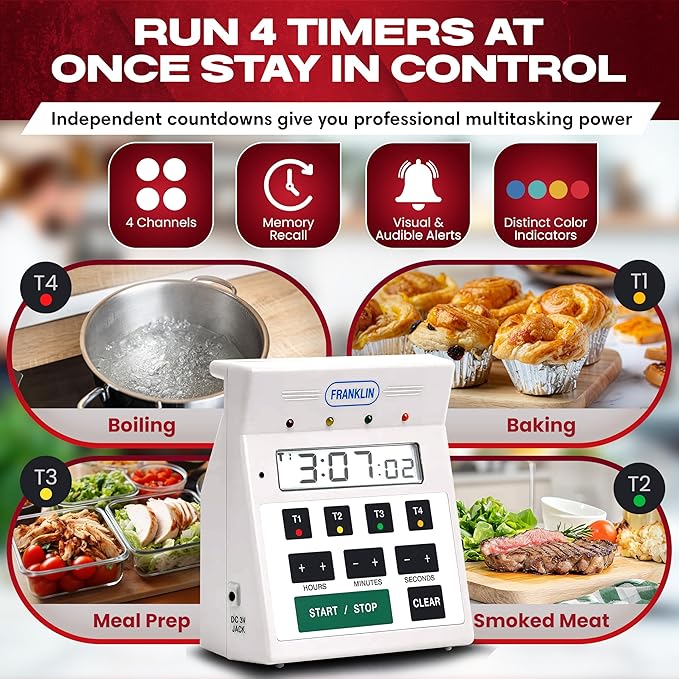 FMP Digital 4 Channel Commercial Kitchen Timer - Battery Operated Digital Countdown Timer for Kitchen, Cooking, Restaurant, Classroom – Water Resistant - 7-Inch, White - 151-7500 by FryOilSaver Co - Image 2