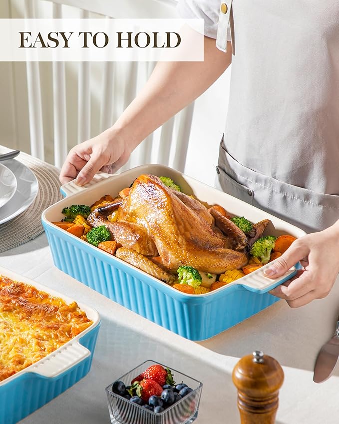 MALACASA 4.4 QT Baking Dish, 9x13 Large Casserole Dish for Oven, Ceramic Baking Pan, Rectangular Lasagna Pan Deep with Handles for Baking, Durable Microwave Oven Safe, Blue, Series BAKE-BAKE - Image 6