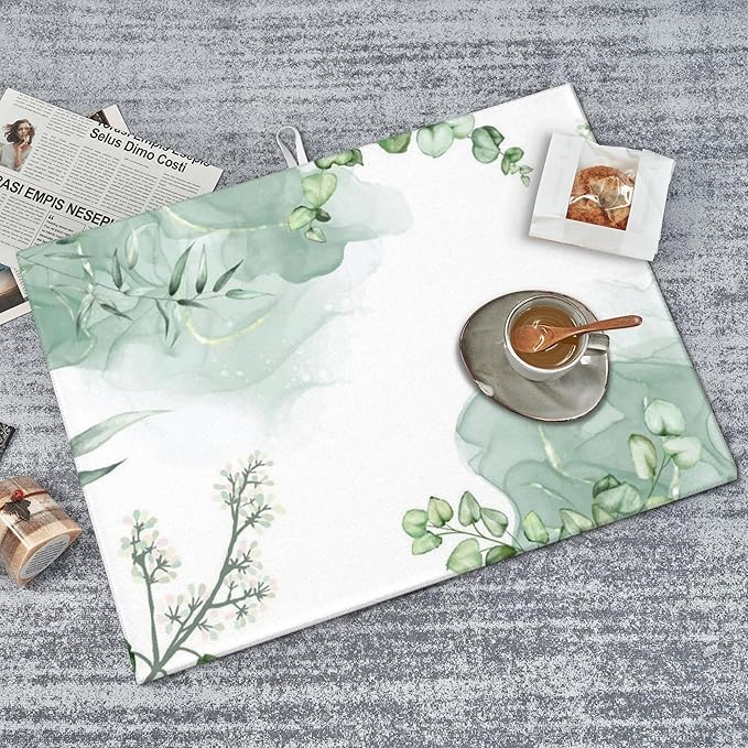 Watercolor Green Leaf Floral Dish Drying Mat for Kitchen Counter, 18"x24" Microfiber Absorbent Fast Dry Mat, 2Pcs Dish Mat Faucet Mats Sets, Large Drying Kitchen Mat Kitchen Drying Pad