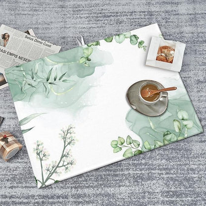 Watercolor Green Leaf Floral Dish Drying Mat for Kitchen Counter, 18"x24" Microfiber Absorbent Fast Dry Mat, 2Pcs Dish Mat Faucet Mats Sets, Large Drying Kitchen Mat Kitchen Drying Pad