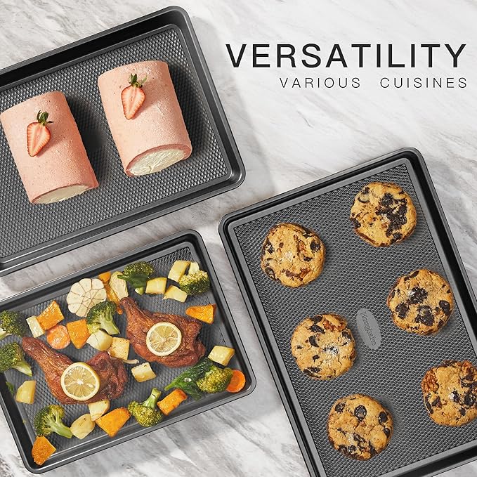 Cookie Sheets for Baking Nonstick - HONGBAKE Baking Sheet Pan Set of 3, Half/Quarter/Jelly Roll Pan for Oven with Diamond Texture Pattern, 57% Thicker Carbon Steel Cookie Trays, Dark Grey - Image 3
