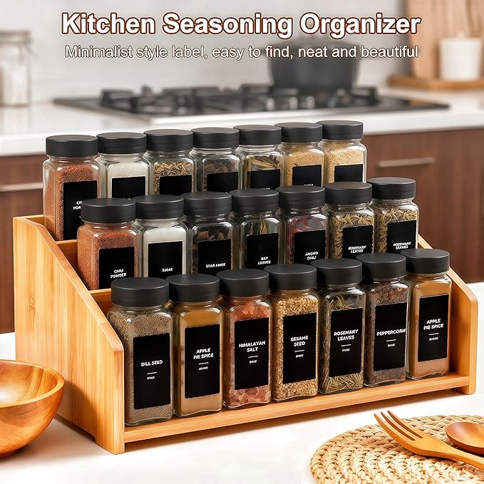 48Pcs Spice Jars Containers with Labels，4oz Black Seasoning Bottles with Shaker Lids for Rack, Cabinet, Drawer,Empty Square Condiment Pots (48, Black) - Image 2