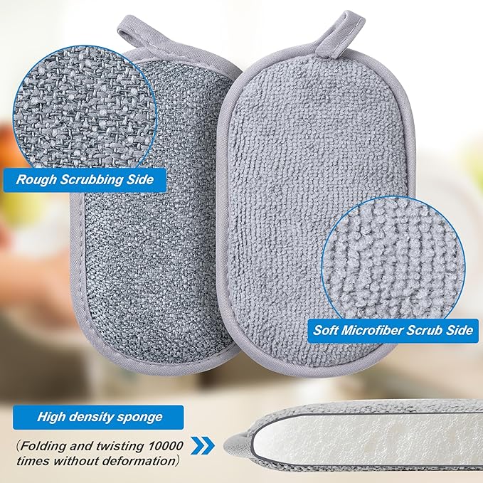 Dual-Sided Multi-Purpose Scrub Sponges, Non-Scratch Dishwashing Sponges for Kitchen, Reusable Microfiber Sponge for Efficiently Cleaning Dishes, High Density Sponge Inside (6 Pack, Medium) Gray - Image 2