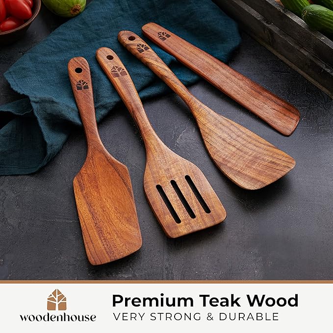 Wooden Spatula for Cooking - Natural Teak Wood Spatula for Non Stick Frying Pan - Wooden Cooking Utensils Set of 4 Including Paddle, Turner, Slotted Spurtle and Wood Scraper - Long Ergonomic Handles - Image 3