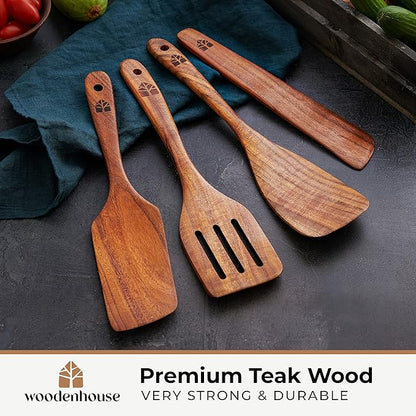 Wooden Spatula for Cooking - Natural Teak Wood Spatula for Non Stick Frying Pan - Wooden Cooking Utensils Set of 4 Including Paddle, Turner, Slotted Spurtle and Wood Scraper - Long Ergonomic Handles - Image 3