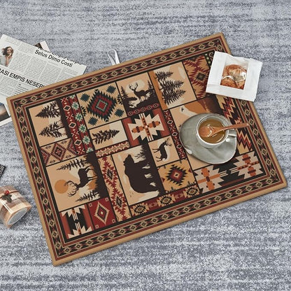 Western Wildlife Geometric Dish Drying Mat for Kitchen Counter, Absorbent Microfiber Washable Drying Pad for Dishes, Absorption, Foldable, Decorative Rustic Kitchen Mat for Sink, Home Decor, 18" x 24"