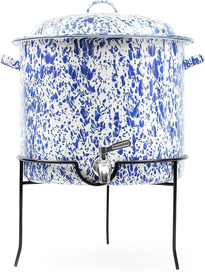 Enamelware Beverage Dispenser with Rack, 15 quart, Blue/White Splatter