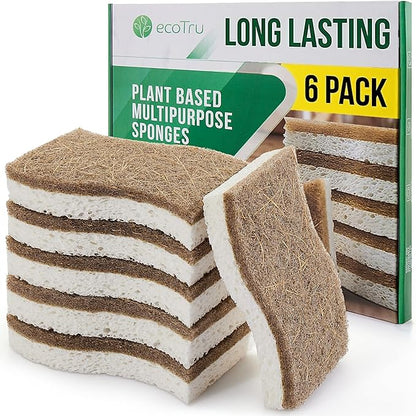 6 Pack Natural Kitchen Sponges, Compostable White Cellulose & Organic Coconut Scrubber Sponge for Washing Dishes, Kind Eco Friendly Non Toxic & Biodegradable Dishwashing Sponges by ecoTru