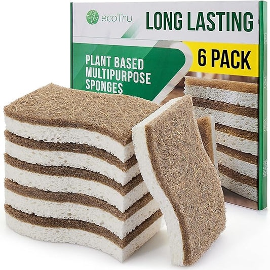 6 Pack Natural Kitchen Sponges, Compostable White Cellulose & Organic Coconut Scrubber Sponge for Washing Dishes, Kind Eco Friendly Non Toxic & Biodegradable Dishwashing Sponges by ecoTru