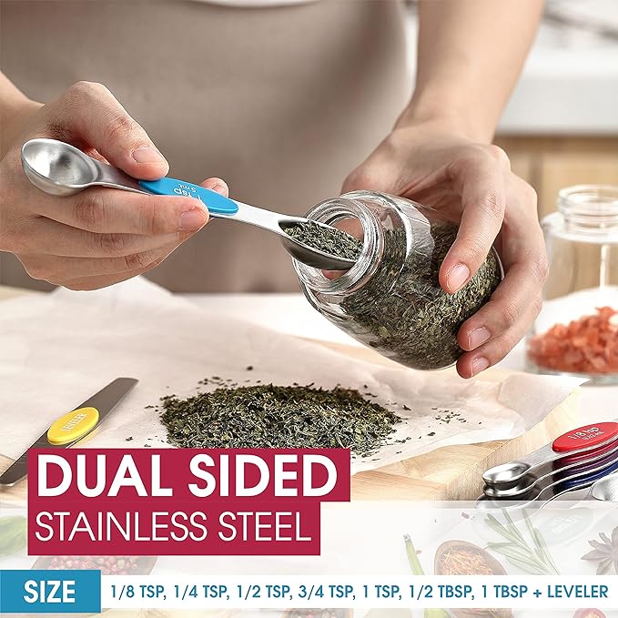 Spring Chef Stainless Steel Magnetic Measuring Spoons Set with Strong Magnets, Heavy Duty Metal Kitchen Essentials - Fits in Most Kitchen Spice Jars, Multicolor, Set of 8 with Leveler - Image 3