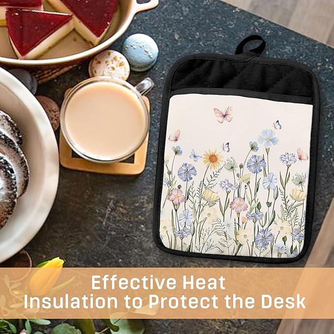 Butterfly Floral Pot Holders with Pockets, Cottagecore Wildflower Botanical Oven Pot Holders Heat Resistant Oven Mitts Hot Pads for Kitchen Baking Cooking