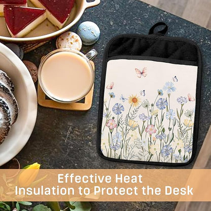 Butterfly Floral Pot Holders with Pockets, Cottagecore Wildflower Botanical Oven Pot Holders Heat Resistant Oven Mitts Hot Pads for Kitchen Baking Cooking